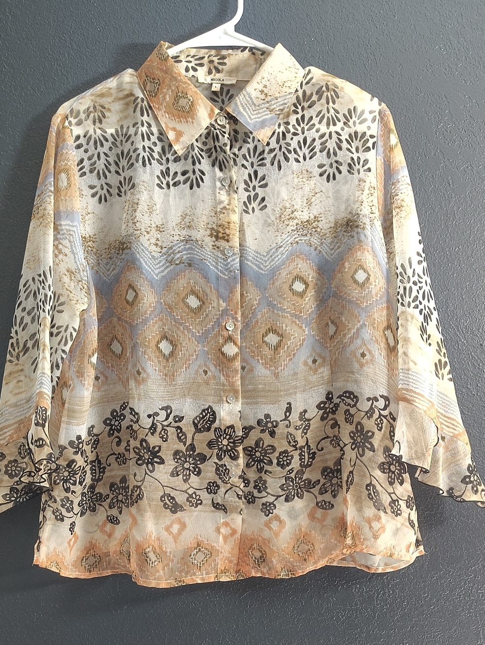 Vintage NICOLA Sheer Boho Button-Front Blouse in Beige, Blue, Black Large